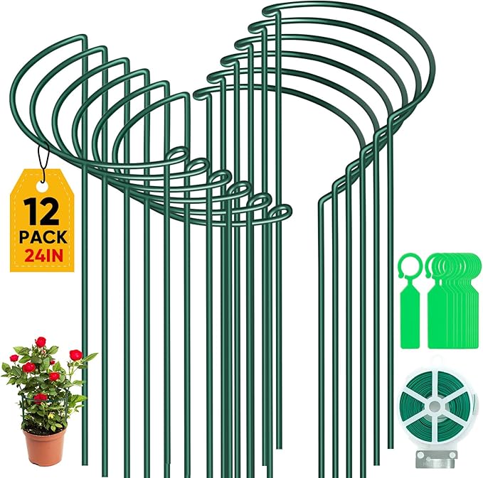 12 Pack Plant Support Stakes, Peony Cages and Supports Large 10" Wide x 24" High Tall Peony Ring Supports, Garden Plant Stakes for Outdoor Plants Rose, Tomato, Hydrangea, Flowers