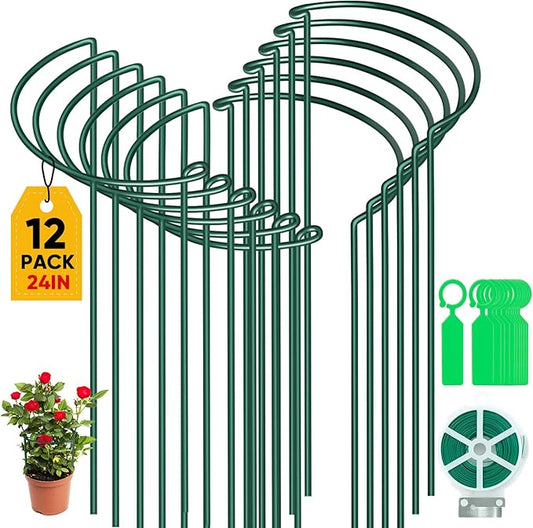 12 Pack Plant Support Stakes, Peony Cages and Supports Large 10" Wide x 24" High Tall Peony Ring Supports, Garden Plant Stakes for Outdoor Plants Rose, Tomato, Hydrangea, Flowers