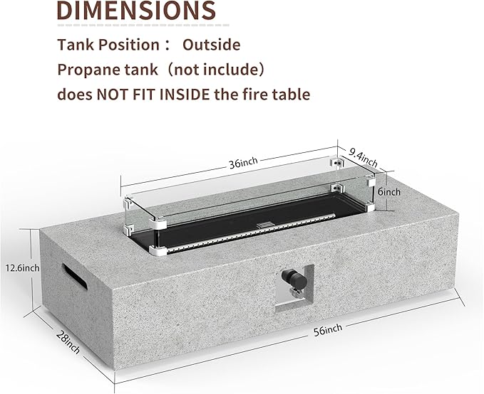 NAGA HABNA 56 Inch Propane Fire Pit Table, Rectangle Outdoor Fire Table w Glass Wind Guard (50,000 BTU), 2 Piece Gas Fire Pit w Lava Rocks for Garden, Pool, Backyard