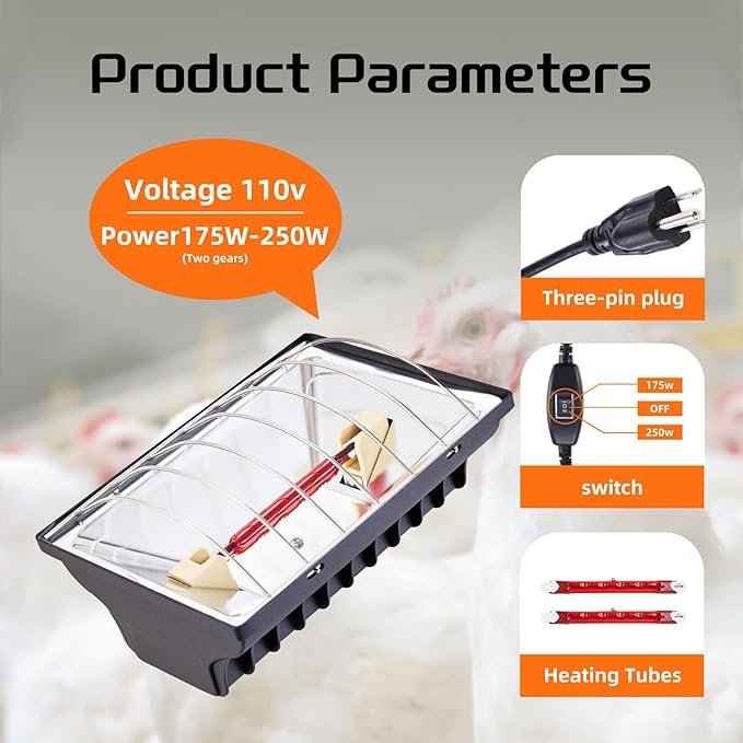 Chicken Coop Heat Lamp 250W Brooder Heating Plate for Chicks Hanging Light Heated Adjustable Temp with Anti-Fall Aluminum Alloy Lamp Shade Suitable for Poultry, Livestock & Small Pets