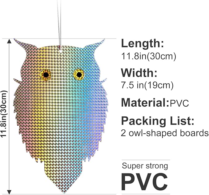 OFFO Owl Decoy to Scare Birds Away (No Bells) Bird Deterrent Device for Woodpecker Pigeon 2 PCS Plastic Hanging Outdoors Reflective Keep Birds Away Home and Garden
