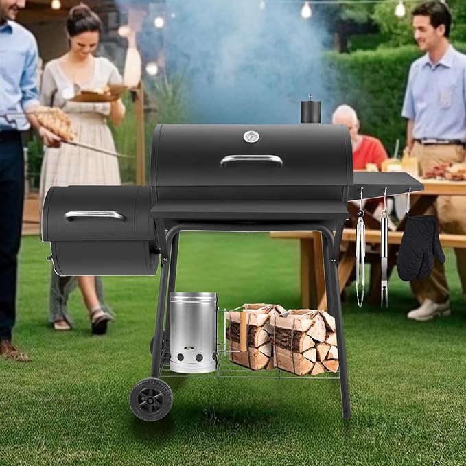Barrel Charcoal Grill with offset smoker, 714 Square Inches Cooking Area, Outdoor BBQ Grill with Front and Side Shelf, Perfect for Backyard, Patio Parties and Picnics