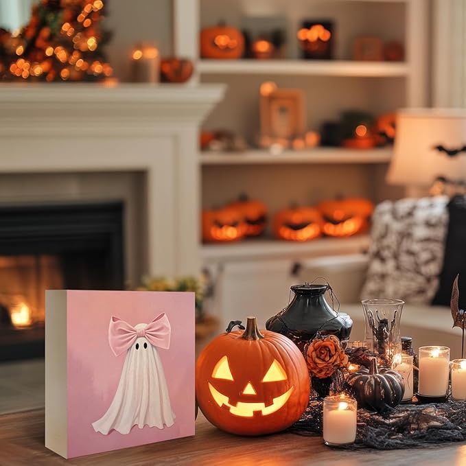 Mtrgdn Cute Halloween Decor,Halloween Decorations Indoor,Pink Ghost with Bow Desk Decor Wooden Box Sign,Halloween Home Office Kitchen Bathroom Bedroom Coffee Bar Table Shelf Wall Decorations,5x5 Inch
