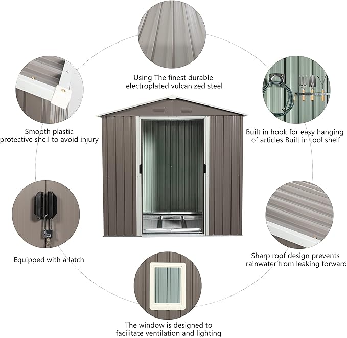 6x5 FT Outdoor Storage Shed, Metal Garden Shed with Frame Floor, Outside Tool Shed with Window, Waterproof Storage Building with Lockable Sliding Doors & Sloped Roof for Backyard, Patio, Warm Gray