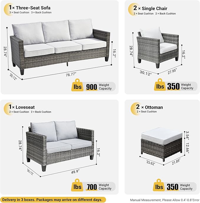 ovios Patio Furniture Set, 6 Pieces Outdoor Wicker Sofa Couch with Loveseat, Ottomans and Comfy Cushions, All Weather High Back Rattan Conversation Set, Grey