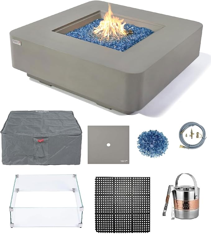 Elementi+ | Bundle Lucerne Gas Fire Pit Cast Concrete 42" Square Fire Table, Outdoor Fire Pit Electronic Ignition | Canvas Cover, Fire Glass and Burner Lid Included | Light Gray | Natural Gas