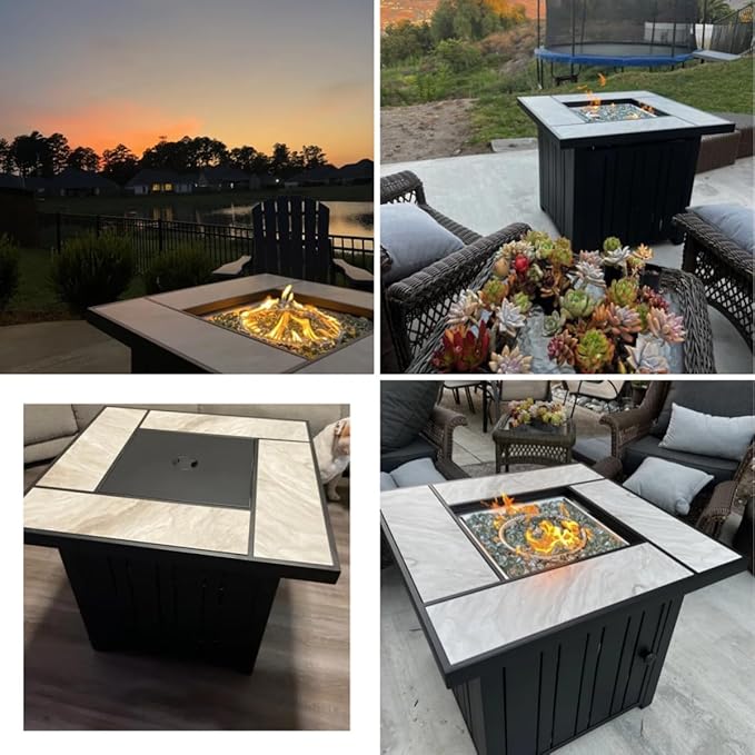 30" Propane Fire Pit with Real Ceramic Tabletop, 50000 BTU Gas Firepit Table with Lid & Glass Rock, Outdoor Fire Pit for Dining or Party, Firepit for Outside, Patio, Garden, Yard
