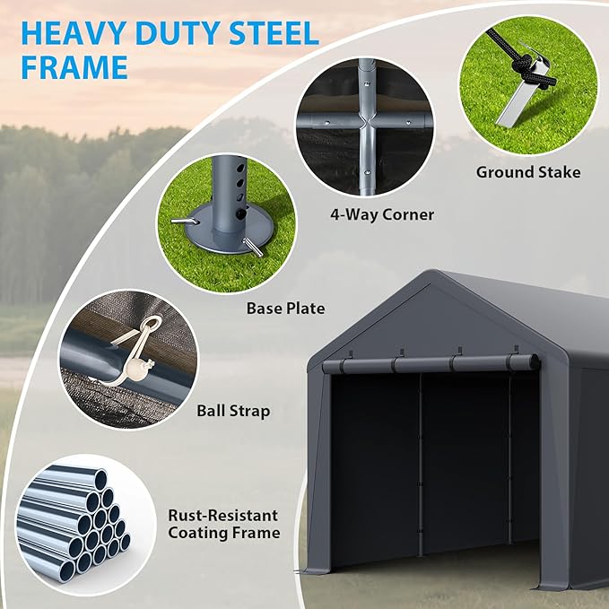 10x20FT Heavy Duty Portable Carport - All-Weather Enclosed Shelter for Cars, Trucks, SUVs & Boats, Waterproof & UV-Resistant Canopy with Removable Sidewalls, Doors, Ground Stakes (Gray)
