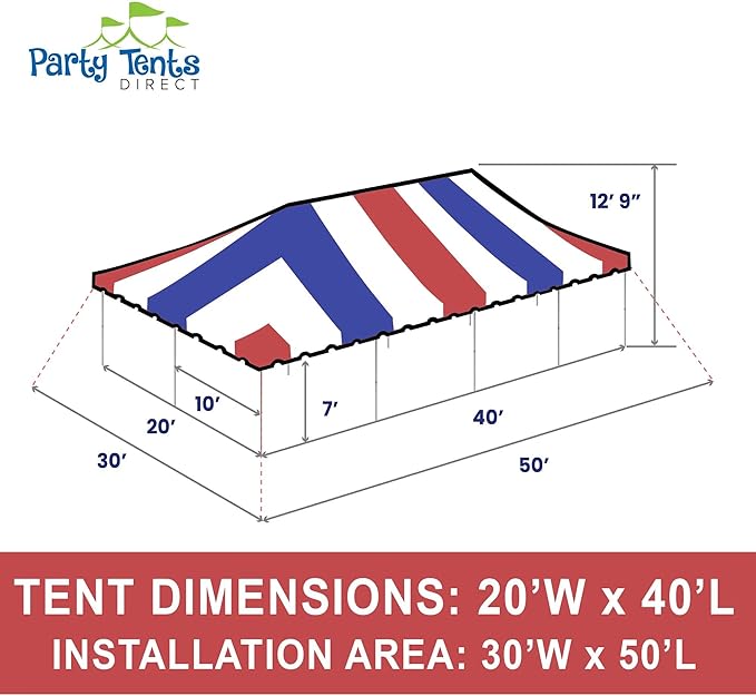 Party Tents Direct 20'x 40' Weekender Canopy Pole Tent with Sidewalls - Easy Up Canopy Tent with 160 Person Capacity - Outdoor Canopies for Parties, Weddings, and Events (Red White and Blue)