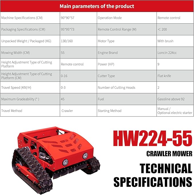 Remote Control Lawn Mower 9HP Electric Start 45° Climbing Adjustable Mowing Height Track Drive All Terrain Grass Cutter Yard Intelligent Mower (HW-224-55L)