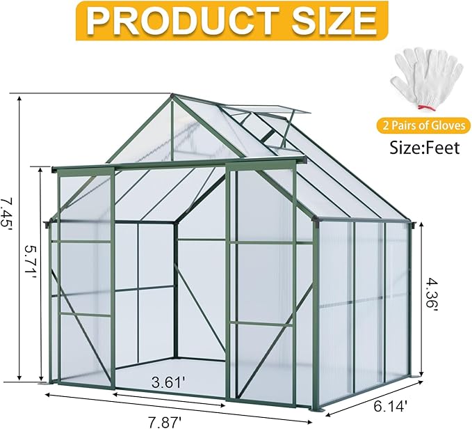 KEIKI 8x6 FT Double Door Polycarbonate Greenhouse with Aluminum Frame,Raised Base and Roof Vent,Walk-in Greenhouses for Patio Garden Backyard