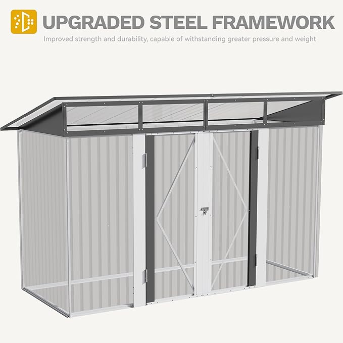 DWVO 9x4 FT Storage Shed for Bicycle, Functional Metal Tool Shelter Garden Storage Unit with Acrylic Windows, Secure Entry Lock, Water-Resistant Waste Enclosure for Outdoor Patio Garden(Dark Gray)