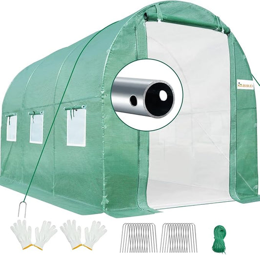 KING BIRD Premium 10x6.6x6.6FT Greenhouse for Outdoors, Large Walk-in Heavy Duty Galvanized Steel Frame, Mesh Door Screen Window Upgraded Zipper Tunnel Hoop for Garden Plant Winter, Green