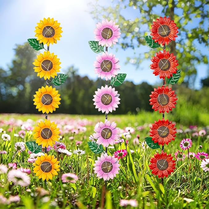 Solar Garden Stakes Lights,3 Pack Metal Sunflowers for Outside,Waterproof Solar Decorative Garden Stakes,Metal Spring Yard Art Decor Lights for Patio Pathway Backyard Porch Lawn(22.6 * 4.7IN)