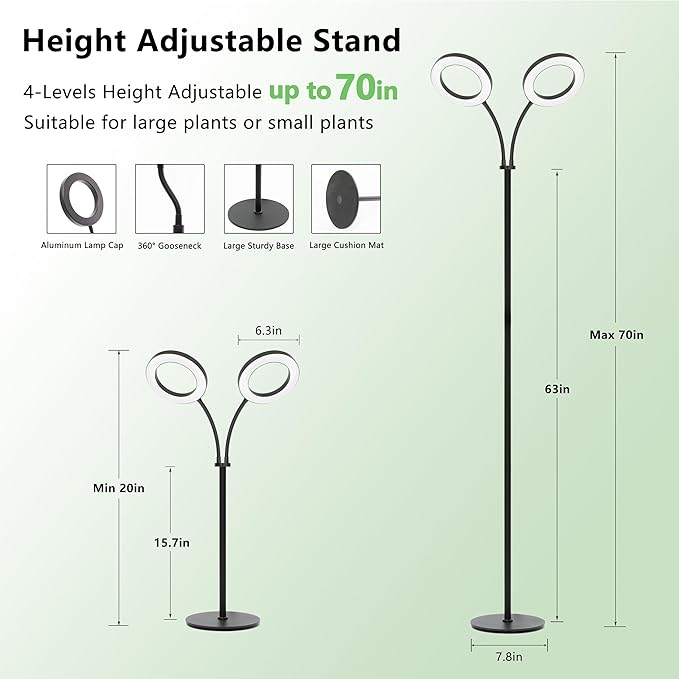 Grow Light for Indoor Plants, 2 Head Full Spectrum LED Tall Plant Lights with Timer, 3 Color Modes Standing Floor Growing Lamp, 70" Height Adjustable, 10 Dimmable Levels for Large Plants