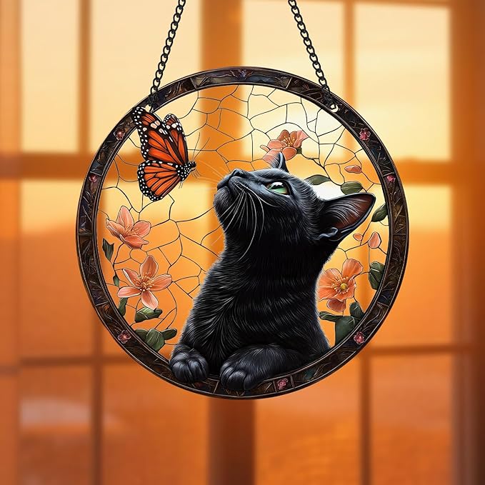 Black Cat Sun Catcher - Black Cat Butterfly Flower Suncatcher Rainbow Maker Stained Acrylic Window Hanging Ornament Indoor Outdoor Decoration Home Garden Decor Chain Pendant Memorial Gifts