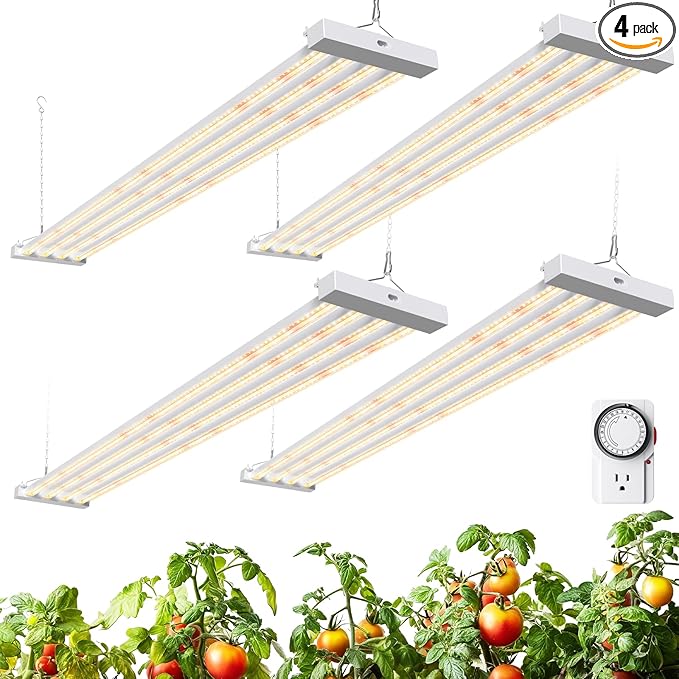 Barrina TX-L84 4FT LED Grow Light, 336W (4 x 84W), 4 Panel Wider Coverage, Full Spectrum, High PPFD, Mechanical Timer, Linkable, Hanging Light, Plant Stand with Grow Light for Indoor, Seeding, 4 Packs
