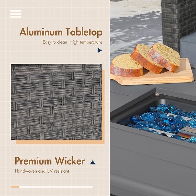 SUNSITT Outdoor Fire Pit Table 43 Inch Wicker Propane Fire Pit with Aluminum Tabletop 50,000 BTU Gas Firepit with Fire Glass, Lid, Cover, Taupe Rattan