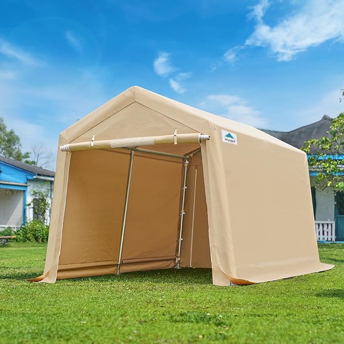 ADVANCE OUTDOOR 8X14 ft Steel Metal Peak Roof Portable Garage Shelter Storage Shed Carport for Motorcycle Bike or Garden Tools with 2 Roll up Doors & Vents, Beige