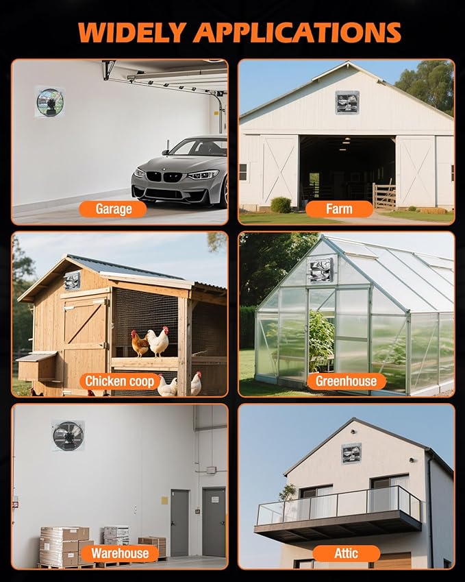 JVO 12 Inch Shutter Exhaust Fan 1450 CFM High-Powered Ventilation, Ideal for Attics, Greenhouses, Garages and Chicken Coops - Wall Mount for Easy Installation (12 inch Fan Wtih Power Cord)