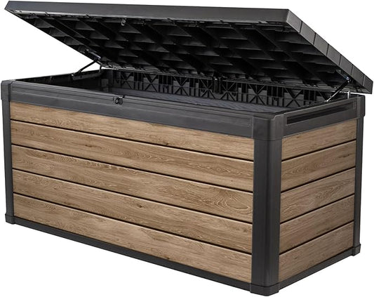 Keter Signature Collection 150 Gallon Resin Deck Box Organization and Storage Box for Patio Outdoor Cushions, Throw Pillows, Garden Tools and Pool Supplies, Ashwood