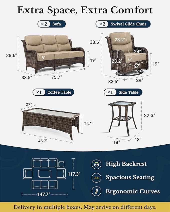 HILLGA Luxury Patio Furniture Set with 6-Inch Thick Cushions, High Back Outdoor Swivel Rocker Chairs and Patio Couch, 6-Piece All Weather Conversation Set for Porch Deck Pool Yard, Beige (V3)