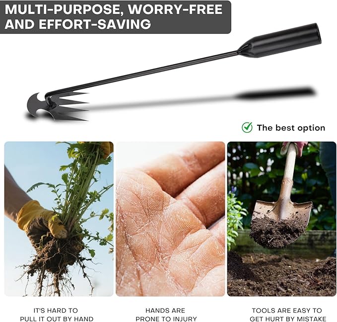 Garden weeding tool 4-tooth manganese steel forged manual weeder Portable root weeding tool Suitable for vegetable gardening backyard farm planting 19.7-inch gardening weeding tool (2-pack)