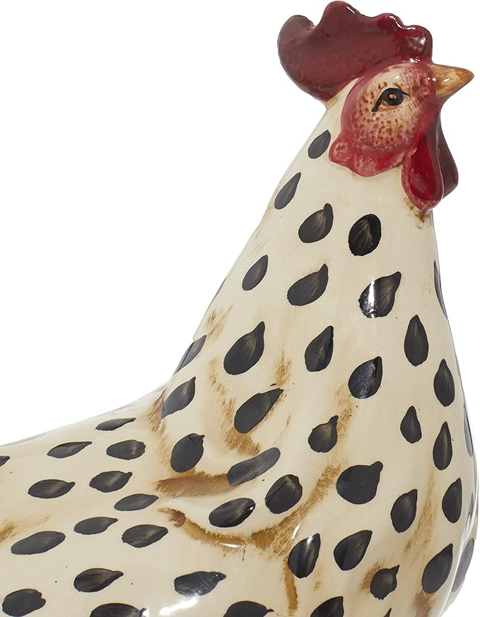 Deco 79 Ceramic Rooster Decorative Garden Sculpture Spotted Indoor Outdoor Garden Statue with Black and Red Accents, Outdoor Sculpture 13" x 6" x 14", Beige