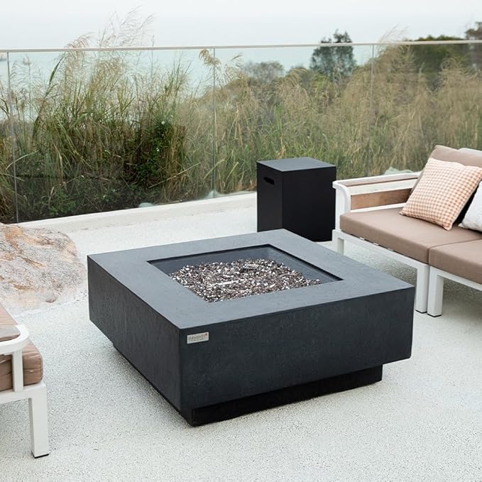 Bergen Concrete Fire Pit 40" x 40" Patio Firepit Includes Fire Glass Modern Fire Pits & Outdoor Fireplaces for Garden, Deck, Indoor & Outdoor Heating