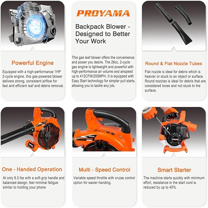 PROYAMA 26CC 2 Cycle Gas Leaf Blower, 2 in 1 Nozzle Handheld Powerful Blower, 412CFM 200MPH Lightweight Powerful Leaf Blower with Cruise Control for Lawn Care Snow Removal, Blowing Debris Leaves Dust