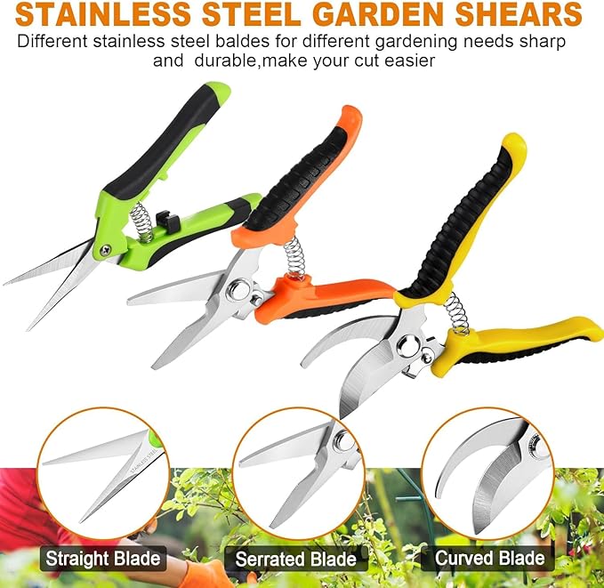 3 Pack Garden Pruning Shears, Stainless Steel Gardening Scissors Set with Storage Bag - Sharp Handheld Pruners for Plants, Flowers, Branches - Ergonomic Garden Clippers & Tools