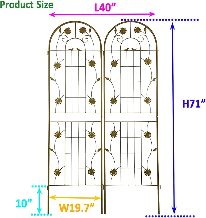 2 Pack Metal Garden Trellis for Climbing Plant Rose Stand, Brown Outdoor 71'' Tall Flower Support Iron Garden Fence (Brown 71''H