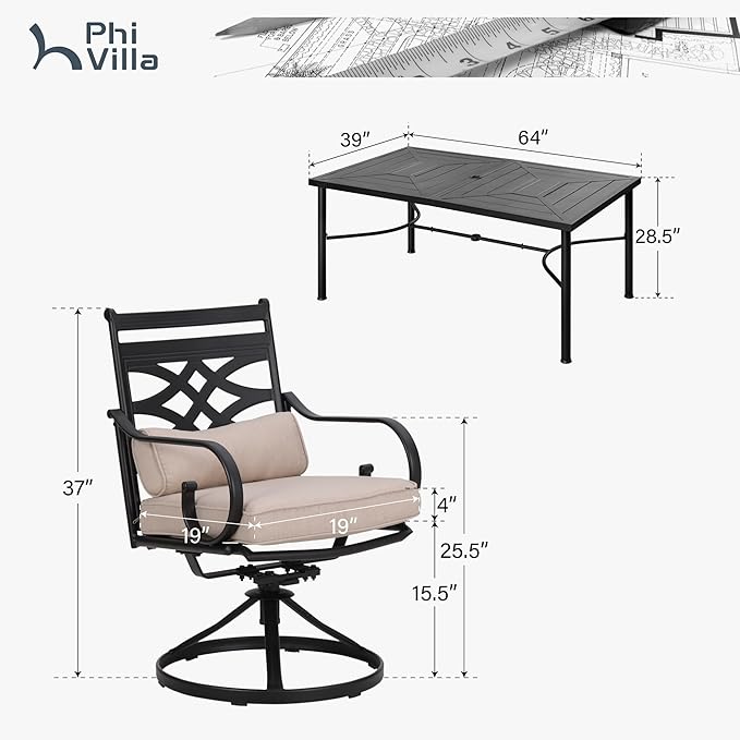 PHI VILLA 7 Pcs Patio Dining Set,Outdoor Table Chair Set for 6 with Outdoor Swivel Chairs and Metal Frame Steel Rectangular Table,Outdoor Dining Furniture with Cushion and Pillow for Garden Lawn Deck