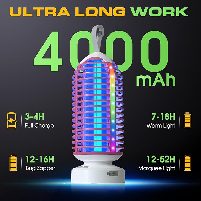 Bug Zapper Outdoor Indoor, Cordless Mosquito Zapper with LED Lights and Marquee Lights, Rechargeable Fly Zapper Outdoor Waterproof for Camping, Patio, Backyard, Garden, Home