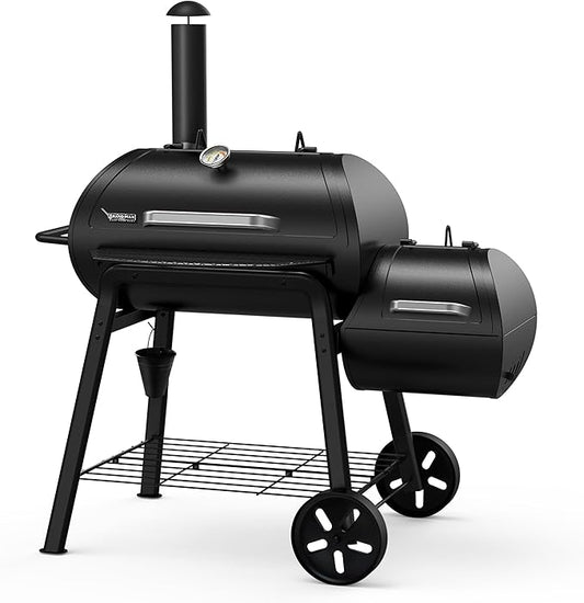 Brand-Man Charcoal Grill Offset Smoker, Heavy-Duty Barrel BBQ Grill Smoker Combo with Side Fire Box for Outdoor Patio and Backyard Cooking