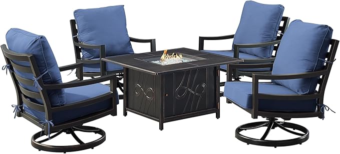 Oakland Living Black Aluminum Patio Fire Table Set with Four Club Chairs with Blue Cushions