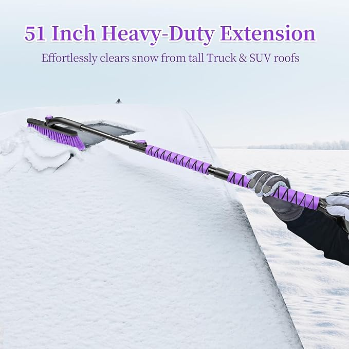 HEEYA 51 Inch Snow Brush for Trucks, Extendable Long Handle Ice Scraper with Brush with Foam Grip, SUV Heavy Duty Snow Brush with Ice Scraper for Car Auto Jeep RV Vehicle Windshield Window - Purple