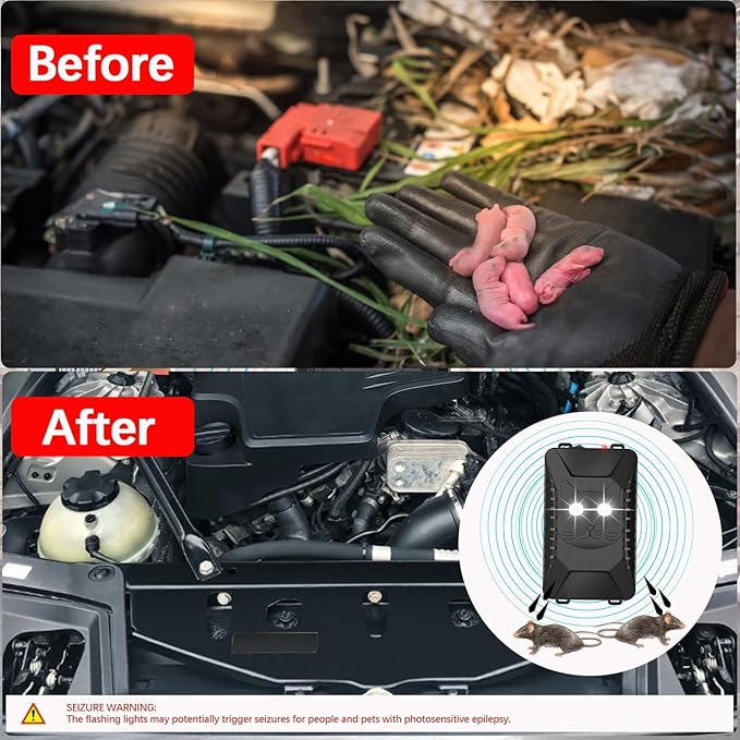 Tirgo Rodent Repeller Car Under Hood, Ultrasonic Mouse Repellent with Strobe Light, Plug-in Battery Powered Keep Mice Away from Cars Engines, Outdoors, Room, Indoors (Large)