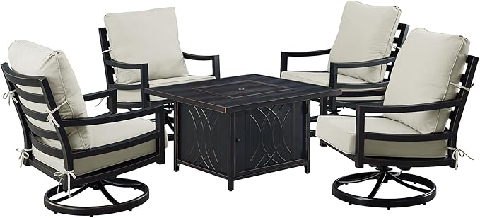 Oakland Living Black Aluminum Patio Fire Table Set with Four Club Chairs with Light Grey Cushions