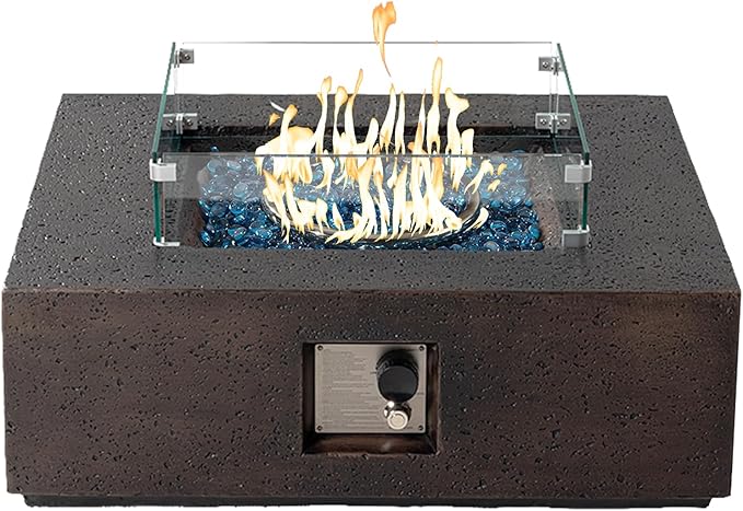 SUNBURY Outdoor Propane Burning Fire Pit, 35 inch Square Patio Fire Table 50,000 BTU Fire Pit for Outside with Waterproof Cover and Glass Stones, Rust-Red