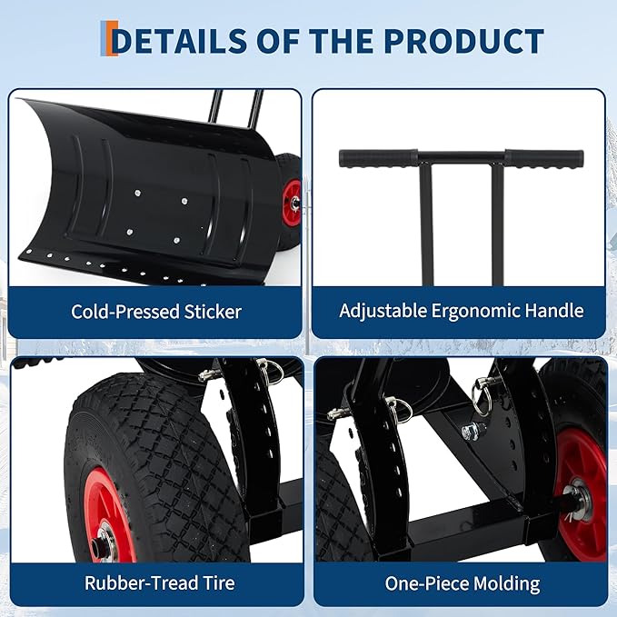 GarveeHome Large 39" W Snow Shovel Pusher for Driveway, Metal Snow Pusher with Wheels, Ergonomic Snow Pusher Shovel with Snow Removal Adjustable Angle & Height Handle for Sidewalk, Double Rod