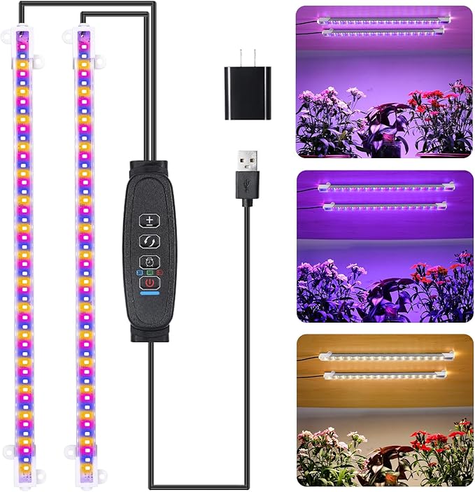 Two Strip Growing Lamp for Indoor Plants, Red & Blue & Yellow Full Spectrum LED Grow Light Strips with Auto ON/Off 3/9/12H Timer,10 Dimmable Levels for Green House Succulent (2 Head 13 in)