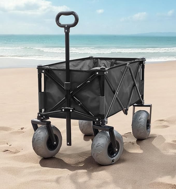 Beach Wagon with Big Wheels for Sand - All Terrain Steel Frame Utility Cart with 9" Pneumatic Tires, Collapsible Folding Design (Sand Warrior RX800 Black)