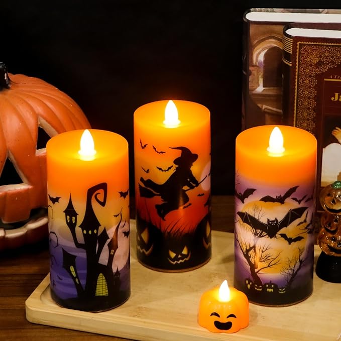 DRomance Halloween Flameless LED Candles Battery Operated with Remote and Timer, Real Wax Flickering Pillar Candles Flat Wick Dimmable Light Castle Witch Bats Holiday Decor(3 Pack, 3 x 6 Inches)