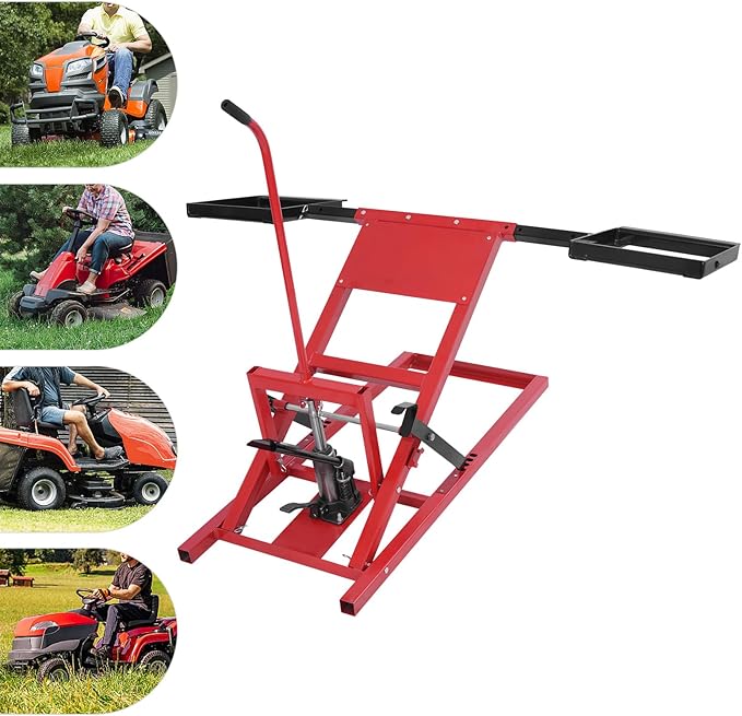 Lawn Mower Lift with Hydraulic Jack 500 Lbs Weight Capacity, Solid Carbon Steel Lawn Mower Lift, Adjustable Wheel Span Lawn Lifter for Riding Tractors and Zero Turn Lawn Mowers (Black+Red)