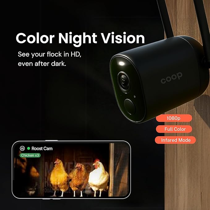 Coop Smart WiFi Chicken Camera – iOS Only, 1080p HD, Night Vision, AI Predator Alerts, Battery + Solar Option, Outdoor Waterproof Security Cam Monitoring & Egg Watch