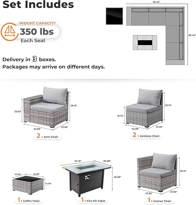ovios 7 Pieces Patio Furniture Set, Outdoor Wicker Sectional Sofa with 42 Inch Fire Pit Table Comfy Cushions, Modern Modular Deep Seat Rattan Couch Conversation Set, Dark Grey