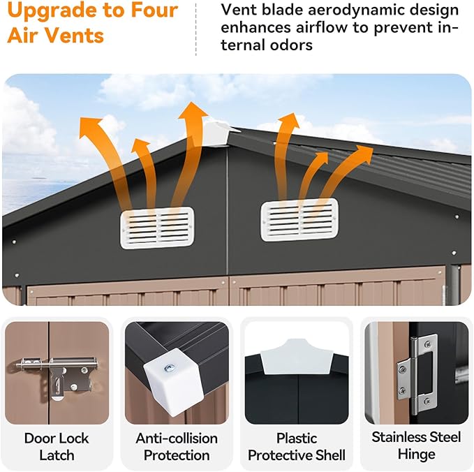 8x12 FT Metal Outdoor Storage Shed, Dual Doors with Lockable Bolts, Large Garden Shed for Yard Tools, Bike, Generator, Waterproof Galvanized Steel Panel with Vent & Sloping Roof（Brown）