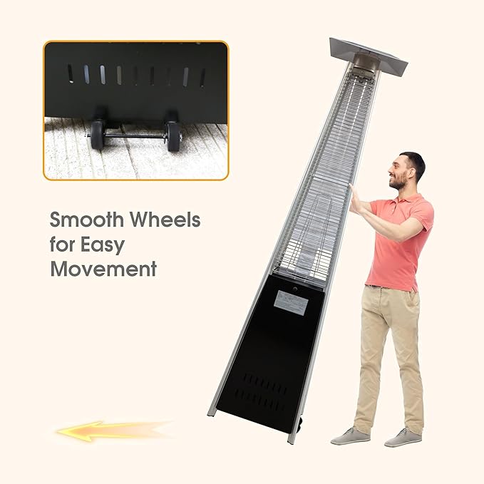 Outdoor Heaters for Patio 42,000BTU, Pyramid Patio Heater Quartz Glass Tube, Outdoor Heater Safety Protection System, Propane Heater with Wheels for Commercial & Residential, Black