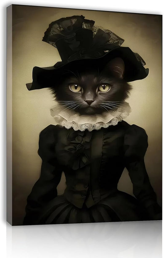 Jatinoo Gothic Black Lady Cat Wall Art - Dark Academia Framed Canvas Print for Witchy Home, Goth Bathroom & Office Decor, Vintage Halloween Cat Lover Gift (11.5x15 Inch)
